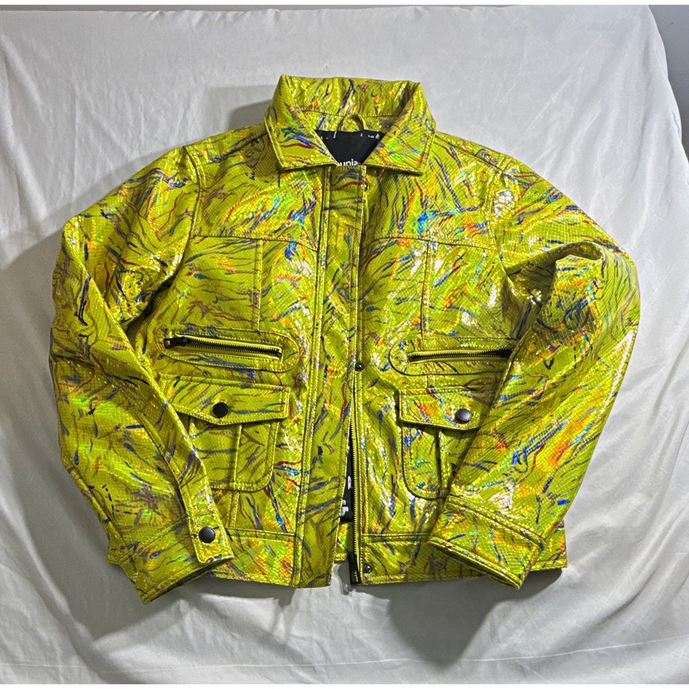 Desigual Mens Yellow Abstract Full-Zip Lined Designer Jacket L 22WWEW50